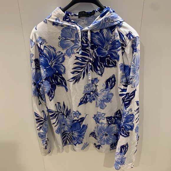 Polo Ralph Lauren pullover hoodie medium white and blue Hawaiian tropical print - Picture 1 of 14